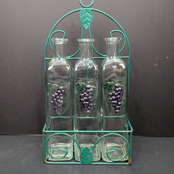 Four Piece Storage Set 13" Green Metal Rack and 3 Grapes Glass 10" Jars No Lids - Picture 1 of 9